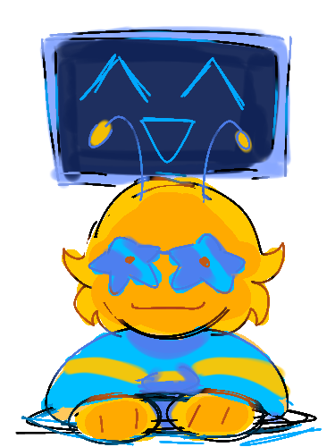 Digital drawing of a cartoon yellow alien made of honey popping out of a portal. Behind the alien is a blue flatscreen robot smiling.